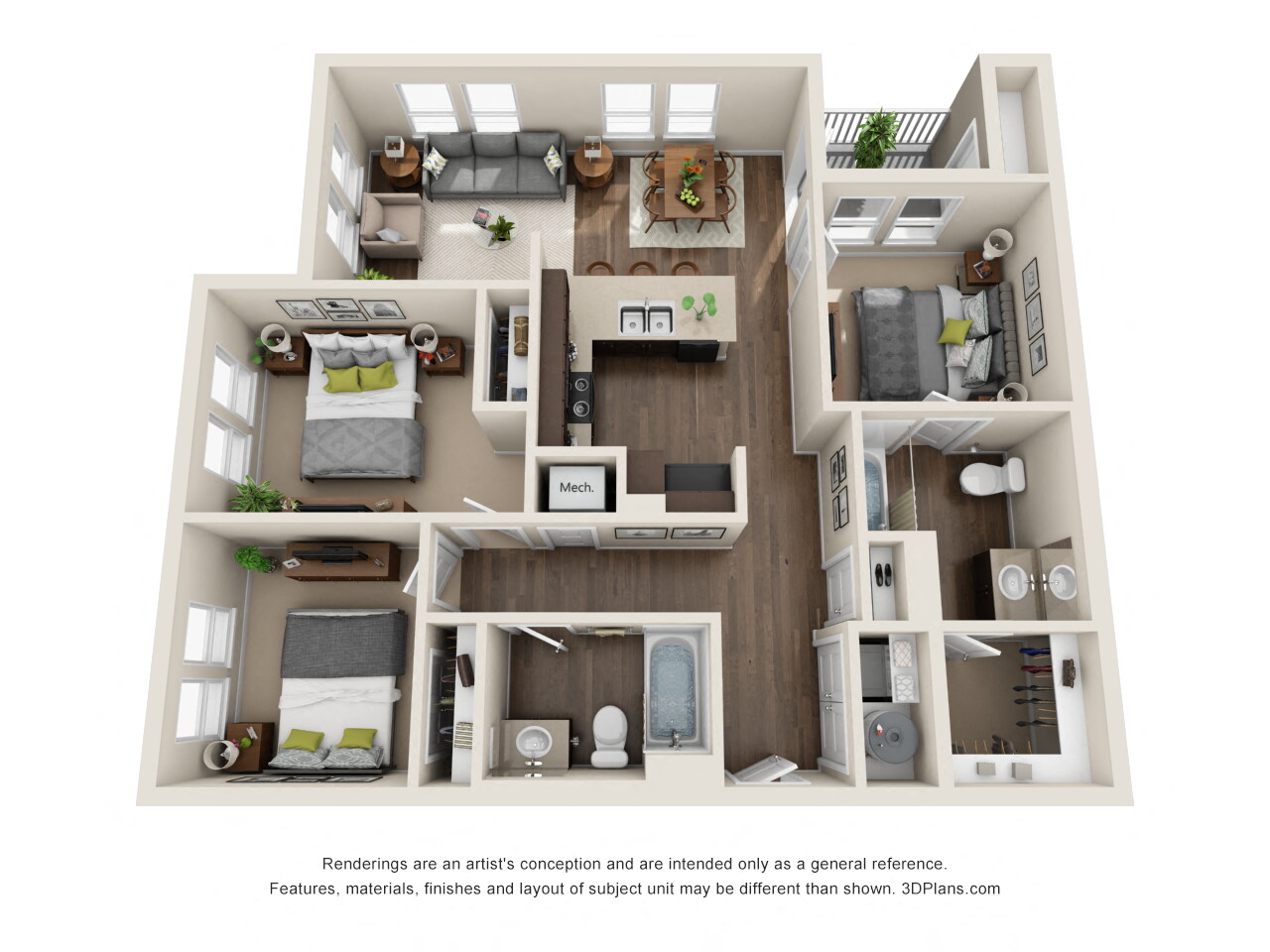 Floor plan for 3 beds, 2 baths, 1167 sqft